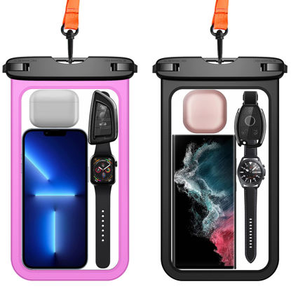 Picture of [2 Pcs] [Up to 10"] Large Waterproof Phone Pouch/Case, IPX8 Universal Waterproof Cell Phone Dry Bag Compatible for iPhone 14 Pro Max/13/12/11/SE/8/7,Galaxy S23 Ultra/S22/S21 for Vacation -Pink&Black