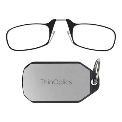 Picture of ThinOptics On- Nose Rectangular Portable & Convenient Readers for Men & Women, Thin & Durable Easily Attaches to Keychain, Backpack, Golf Bag, Blk Frames/Silver Case, 44 mm + 2.5