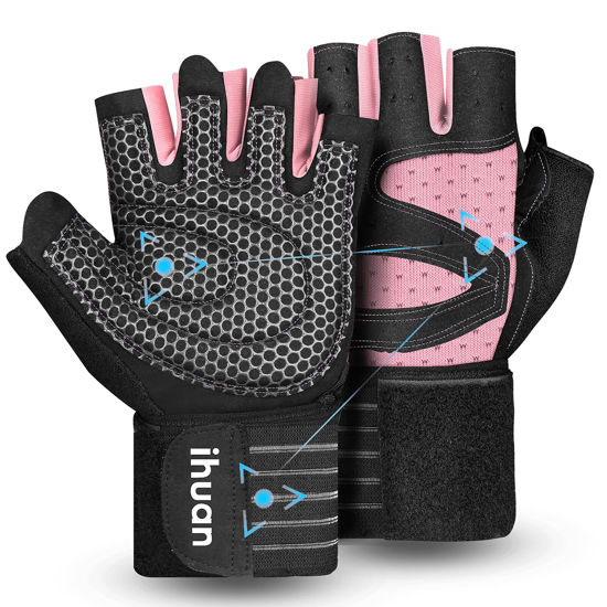 Picture of ihuan Ventilated Weight Lifting Gym Workout Gloves with Wrist Wrap Support for Men & Women, Full Palm Protection, for Weightlifting, Training, Fitness, Hanging, Pull ups