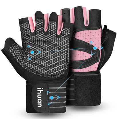 Picture of ihuan Ventilated Weight Lifting Gym Workout Gloves with Wrist Wrap Support for Men & Women, Full Palm Protection, for Weightlifting, Training, Fitness, Hanging, Pull ups