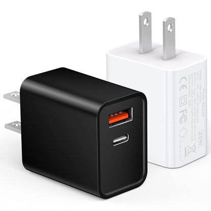 Picture of 2-Pack Type C Charger Adapter, 20W Multiport Fast Charge Power Brick Cube for iPhone 13/14, iPad, iPod, Samsung Galaxy, Motorola, PS5, Huawei, HTC, LG, Nokia, QC+PD 3.0 USBA Box Wall Plug