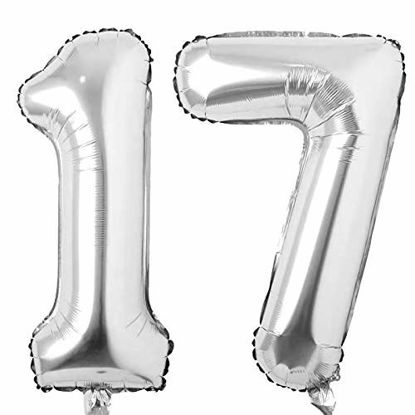 Picture of 17 Number Balloons Silver Giant Jumbo Big Large Number 17 or 71 Foil Mylar Helium Balloons Silver for 17th Birthday Party Supplies 17 Anniversary Decorations