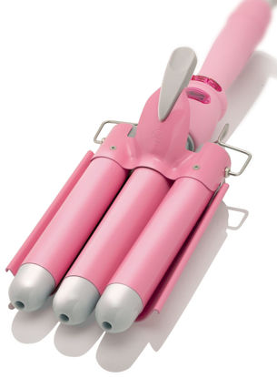 Picture of Alure Three Barrel Curling Iron Wand with LCD Temperature Display - 1 Inch Ceramic Tourmaline Triple Barrels, Dual Voltage Crimp (Pink/White)
