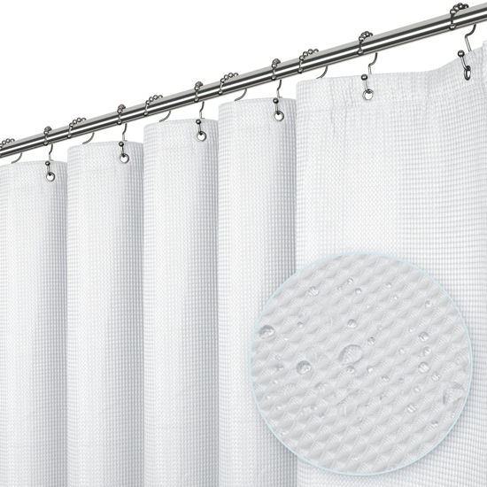 Picture of LiBa Waffle Weave Fabric White Shower Curtain, 72” W x 72” H Water Repellent & Heavyweight, Hotel Quality & Machine Washable Cloth Linen Shower Curtains Set and Shower-Liner for Bathroom