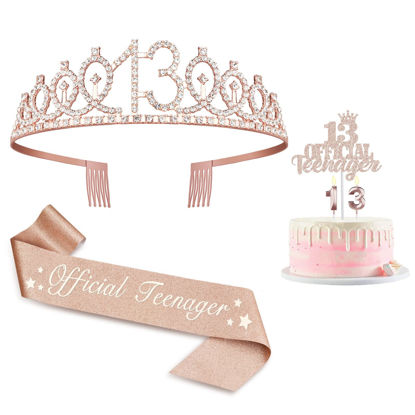 Picture of 13th Birthday Decorations for Girls, Including 13th Birthday Crown/Tiara, Candles, Official Teenager Sash and Cake Toppers, Rose Gold Teen Girl Gifts for 13 Year Old Birthday Decorations