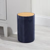 Picture of mDesign Plastic Round Trash Can Small Wastebasket, Garbage Bin Container with Swing-Close Lid, Kitchen, Bathroom, Home Office, Bedroom Basket; Holds Waste, Recycling,1.3 Gallon -Navy Blue/Natural