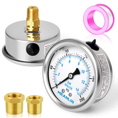 Picture of MEANLIN MEASURE 0~200Psi Stainless Steel 1/4" NPT 2.5" FACE DIAL Liquid Filled Pressure Gauge WOG Water Oil Gas Center Back Mount
