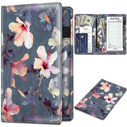 Picture of Server Book Organizer with Zipper Pocket, Fintie PU Leather Restaurant Guest Check Presenters Card Holder for Waitress, Waiter, Bartender (Blooming Hibiscus)