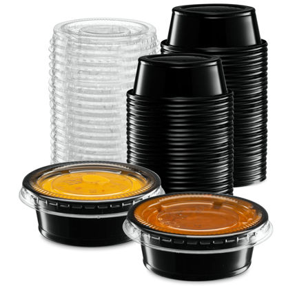 Picture of {1.5 oz - 100 Sets} Black Diposable Plastic Portion Cups With Lids, Small Mini Containers For Portion Controll, Jello Shots, Meal Prep, Sauce Cups, Slime, Condiments, Medicine, Dressings, Crafts, Disposable Souffle Cups & Much more