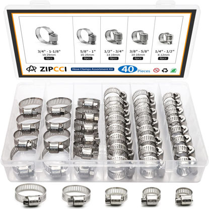 Picture of ZIPCCI Hose Clamp Kit, 1/4 Inch - 1 Inch 304 Stainless Steel Hose Clamps Assortment, Worm Gear Fuel Line Pipe Clamp Set, 6-29mm (40pack)