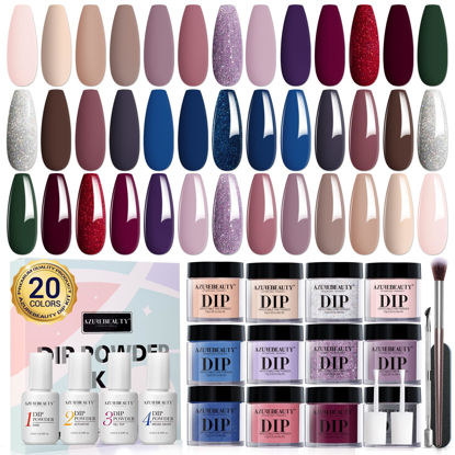 Picture of AZUREBEAUTY 29 Pcs Dip Powder Nail Kit Starter Set, 20 Colors Nude Pink Purple Blue Brown Glitter Acrylic Dipping Powder System Liquid Set with Top/Base Coat for French Nail Art Manicure DIY Salon Women Valentine's Gifts