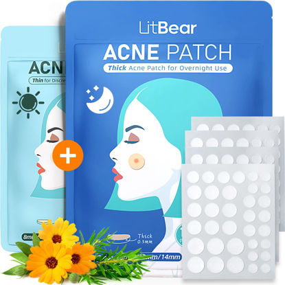 Picture of LitBear Acne Pimple Patches- Day and Night 4 Sizes 180 Dots Thin & Thick Hydrocolloid Patches with Witch Hazel, Tea Tree & Calendula Oil, Extra Adhesion for Face Zit Patch Dots
