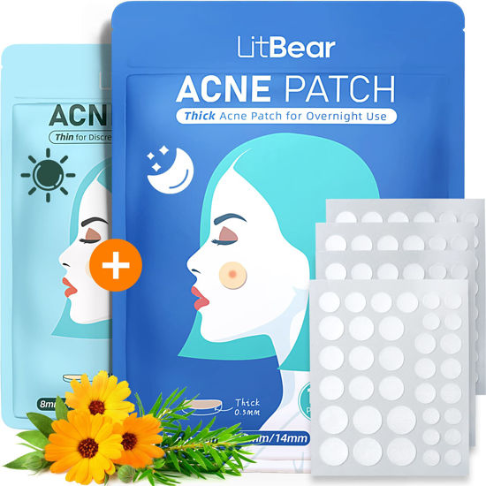 Picture of LitBear Acne Pimple Patches- Day and Night 4 Sizes 180 Dots Thin & Thick Hydrocolloid Patches with Witch Hazel, Tea Tree & Calendula Oil, Extra Adhesion for Face Zit Patch Dots