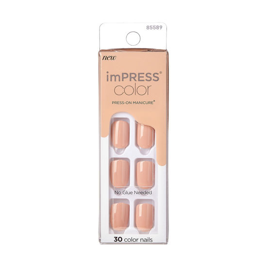 Picture of KISS imPRESS Color Press-On Manicure Fake Nails, Latte - Short & Square, Solid Beige/Brown/Neutral, Ready To Wear, Chip Proof, Smudge Proof, No Dry Time, Mini File & More | 30 Count