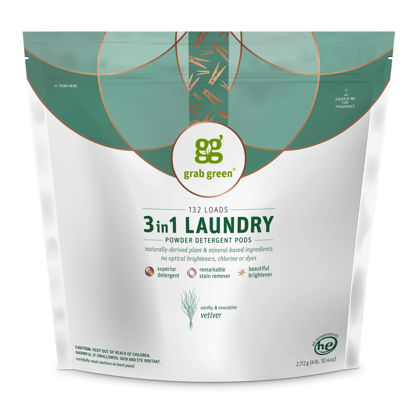 Picture of Grab Green 3-in-1 Laundry Detergent Pods, 132 Count, Vetiver Scent, Plant and Mineral Based, Superior Cleaning Power, Stain Remover, Brightens Clothes