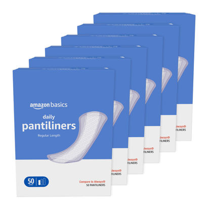 Picture of Amazon Basics Daily Pantiliner, Regular Length, Unscented, 300 Count (6 Packs of 50) (Previously Solimo)