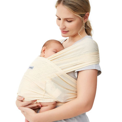 Picture of Momcozy Baby Wrap Carrier Air-Mesh, Cooling Fabric for Summer, Infant Carrier Slings for Newborn up to 50 lbs Adjustable for Adult Fits Sizes XXS-XXL, Easy to Wear Baby Carriers, Beige