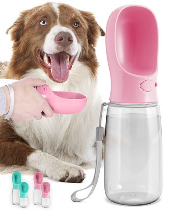 Picture of MalsiPree Dog Water Bottle, Leak Proof Portable Puppy Water Dispenser with Drinking Feeder for Pets Outdoor Walking, Hiking, Travel, Food Grade Plastic (19oz, Pink)