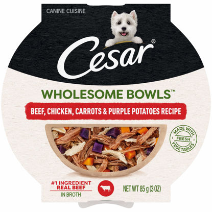 Picture of CESAR WHOLESOME BOWLS Adult Soft Wet Dog Food Toppers Beef, Chicken, Purple Potatoes & Carrots Recipe, (10) 3 oz. Bowls