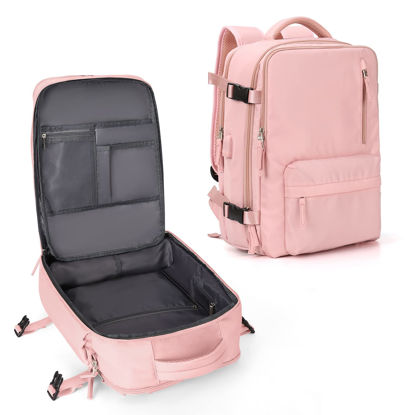 Picture of Large Travel Backpack Women, Carry On Backpack,Hiking Backpack Waterproof Outdoor Sports Rucksack Casual Daypack with USB Charging Port Shoes Compartment,Pink…