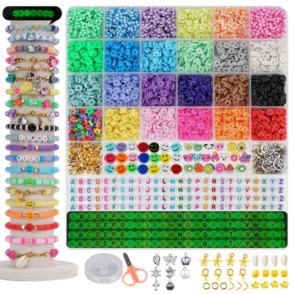 Picture of LZOUOWO 6100 Polymer Clay Beads for Bracelets Making Aesthetic Kit 24 Colors Flat Heishi Beads for Jewelry Making DIY Set with Letter Beads, Smiley Face Beads and Charms etc