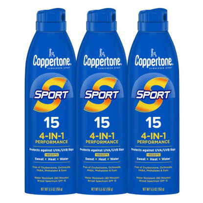 Picture of Coppertone Sport Sunscreen Spray, Broad Spectrum SPF 15 Water Resistant Spray Sunscreen, 5.5 Oz, Pack of 3