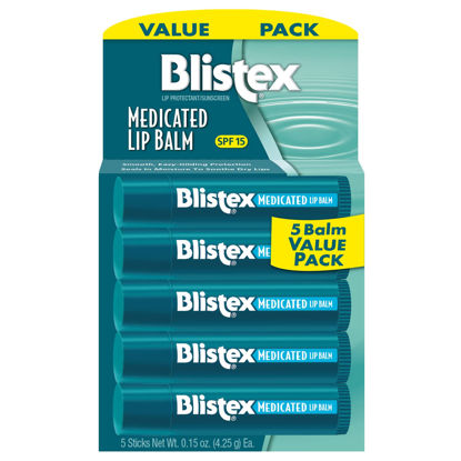 Picture of Blistex Medicated Lip Balm, 0.15 Ounce, Pack of 5 - Prevent Dryness & Chapping, SPF 15 Sun Protection, Seals in Moisture, Hydrating Lip Balm, Easy Glide Formula for Full Coverage