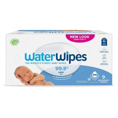 Picture of WaterWipes Plastic-Free Original Baby Wipes, 99.9% Water Based Wipes, Unscented & Hypoallergenic for Sensitive Skin, 540 Count (9 packs), Packaging May Vary