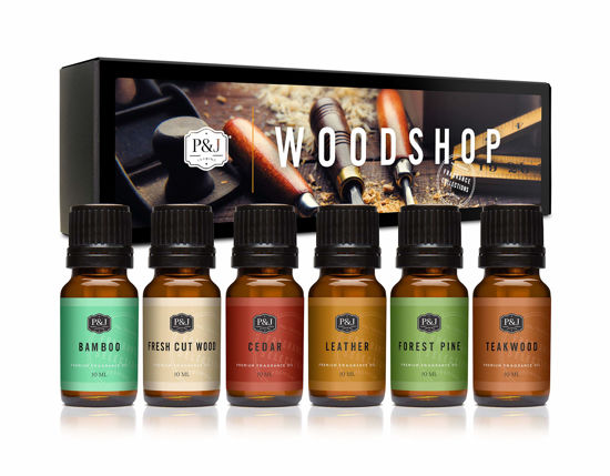 Picture of P&J Fragrance Oil Woodshop Set |  Forest Pine, Fresh Cut Wood, Leather, Teakwood, Bamboo, and Cedar Candle Scents for Candle Making, Freshie Scents, Soap Making Supplies, Diffuser Oil Scents