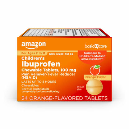Picture of Amazon Basic Care Children's Ibuprofen Chewable Tablets, 100 mg, Pain Reliever and Fever Reducer, Orange Flavor, For Aches, Pains, Sore Throat, Toothache and Headache Relief, 24 Count