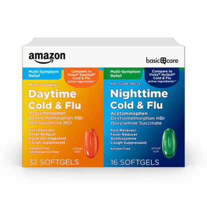 Picture of Amazon Basic Care Cold & Flu Relief Multi-Symptom Daytime/Nighttime Combo Pack Softgels, 48 Count