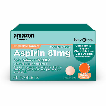 Picture of Amazon Basic Care Low Dose Aspirin 81 mg Chewable Tablets, Pain Reliever, Orange Flavor, 36 Count