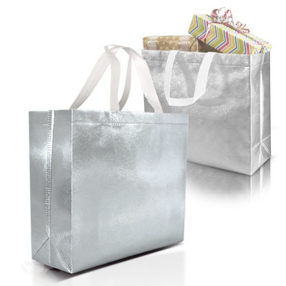 Picture of Nush Nush Silver Gift Bags Large Size - Set of 15 Reusable Silver Gift Bags With White Handles - Perfect As Christmas Gift Bags, Goodie Bags, Birthday Gift Bags, Party Favor Bags -13Wx5Dx11H