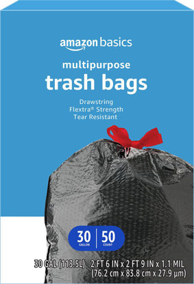 Picture of Amazon Basics Flextra Multipurpose Drawstring Trash Bags, Unscented, 30 Gallon, 50 Count