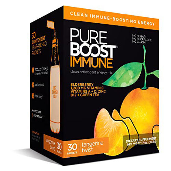 Picture of Pureboost Immune Clean Energy Drink Mix: Immunity Supplement with Elderberry, 1200 mg Vitamin C, Vitamins A + D, Zinc, 28 Vitamins, Minerals and Supernutrients (Tangerine Twist, 30 Count)