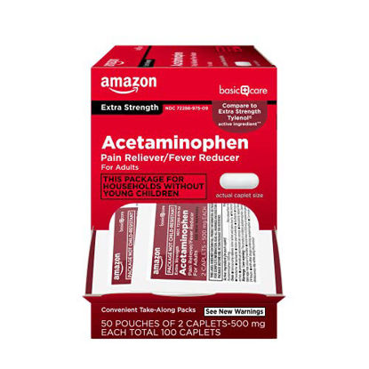 Picture of Amazon Basic Care Extra Strength Acetaminophen Caplets 500 mg, Pain Reliever and Fever Reducer, 100 Count (2 Packs of 50 )