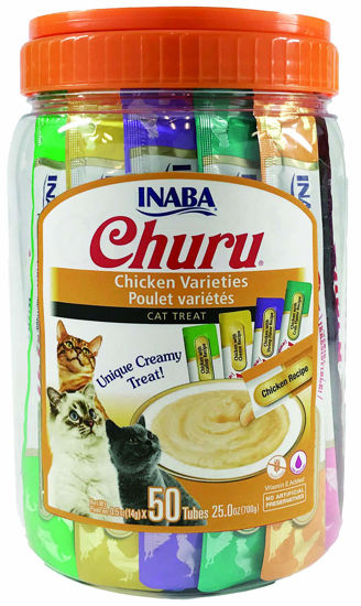 Picture of INABA Churu Cat Treats, Grain-Free, Lickable, Squeezable Creamy Purée Cat Treat/Topper with Vitamin E & Taurine, 0.5 Ounces Each Tube, 50 Tubes, Chicken Variety