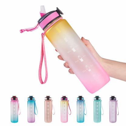 Picture of EYQ 32 oz Water Bottle with Time Marker, Carry Strap, Leak-Proof Tritan BPA-Free, Ensure You Drink Enough Water for Fitness, Gym, Camping, Outdoor Sports (Yellow/Pink Gradient)