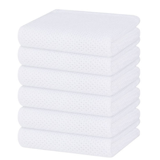 Picture of Homaxy 100% Cotton Waffle Weave Kitchen Dish Towels, Ultra Soft Absorbent Quick Drying Cleaning Towel, 13 x 28 Inches, 6-Pack, White