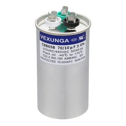 Picture of VEXUNGA 70/10 uF 70+10 MFD 370VAC or 440VAC Dual Run Start Round A/C Capacitor CBB65 CBB65B Air Conditioner Capacitors for AC Unit Fan Motor Start or Heat Pump or Condenser Straight Cool