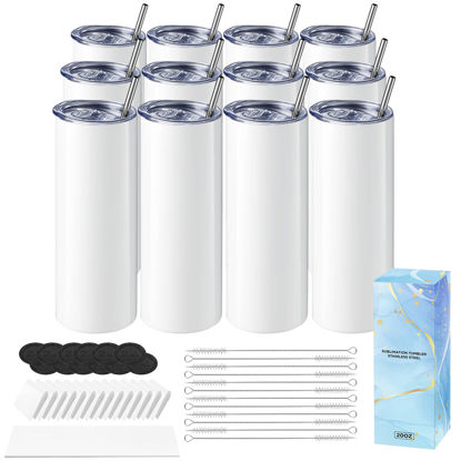 Picture of Hiipoo 12 Pack Sublimation Tumblers Blank 20 oz Straight Skinny with Sublimation Papers, Lids and Straws, Shrink Wrap Films, Stainless Steel Double Wall Insulated Tumbler for Mug Press Machine