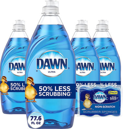 Picture of Dawn Ultra Dishwashing Liquid Dish Soap (4x19.4 Fl oz) + Non-Scratch Sponge (2 Count), Original Scent