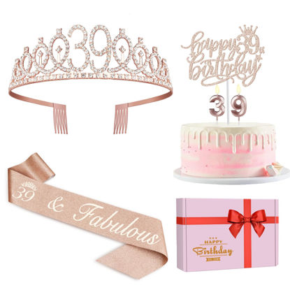 Picture of 39th Birthday Decorations for Women Including 39th Birthday Sash for Women, Tiara/Crown, Numeral 39 Candles and Cake Topper, Rose Gold 39th Birthday Gifts for Women Birthday Decorations Favor Supplies
