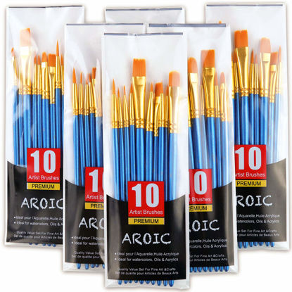 Picture of Acrylic Paint Brush Set, 6 Packs / 60 pcs Nylon Hair Brushes for All Purpose Oil Watercolor Painting Artist Professional Kits
