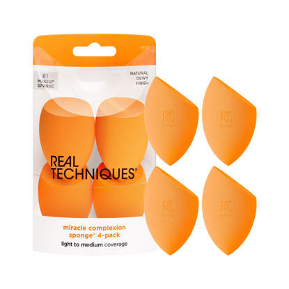 Picture of Real Techniques Miracle Complexion Sponge, Makeup Blending Sponge, For Foundation, Offers Light To Medium Coverage, Natural, Dewy Makeup, Orange Sponge, Packaging May Vary, 4 Count