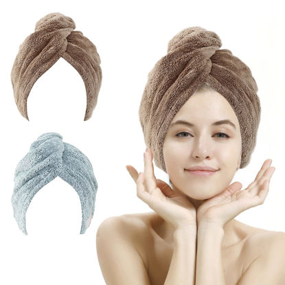 Picture of M-bestl 2 Pack Hair Drying Towels, Hair Wrap Towels, Super Absorbent Microfiber Hair Towel Turban with Button Design to Dry Hair Quickly(Star Green&Camel)