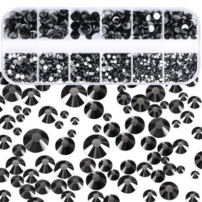 Picture of Dowarm 2650 Pieces Non Hotfix Glass Flat Back Crystal Rhinestones, 6 Sizes 1.5mm - 6.5mm, Glue Fix Flatback Crystals Loose Gemstones for Crafts Nail Face Art Clothes Jewels (Jet Black)