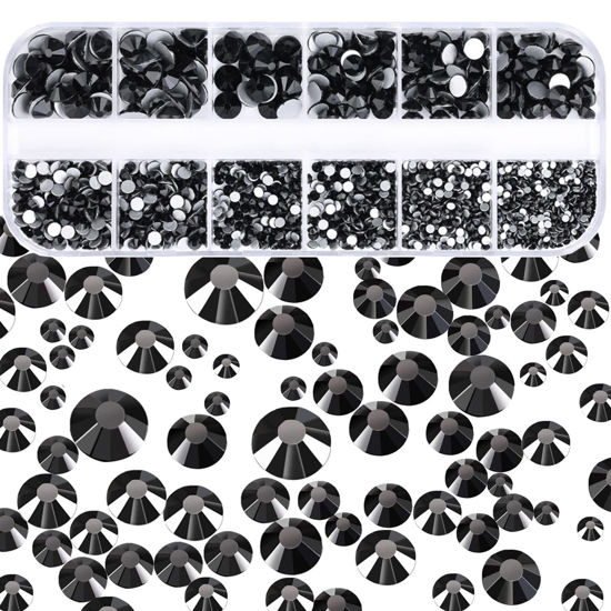 Picture of Dowarm 2650 Pieces Non Hotfix Glass Flat Back Crystal Rhinestones, 6 Sizes 1.5mm - 6.5mm, Glue Fix Flatback Crystals Loose Gemstones for Crafts Nail Face Art Clothes Jewels (Jet Black)