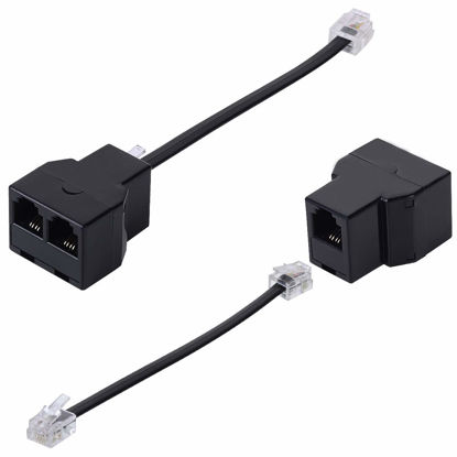 Picture of Phone Line Splitter,SHONCO Telephone Splitter, Phone Adapter Cable, with RJ11 6P4C Plugs, Suitable for Telephone, Fax Machine, 2 Pack Black