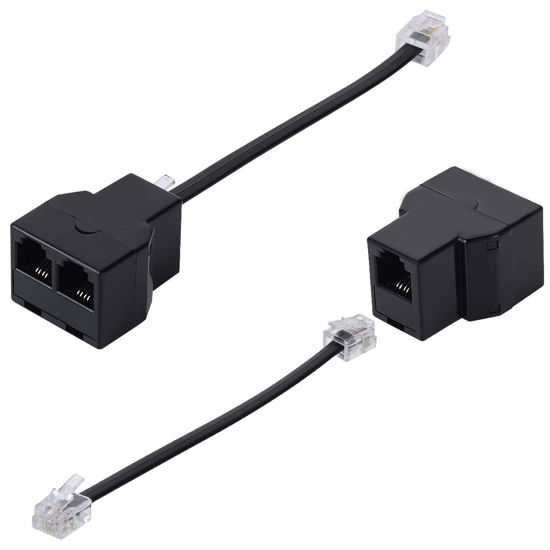 Picture of Phone Line Splitter,SHONCO Telephone Splitter, Phone Adapter Cable, with RJ11 6P4C Plugs, Suitable for Telephone, Fax Machine, 2 Pack Black